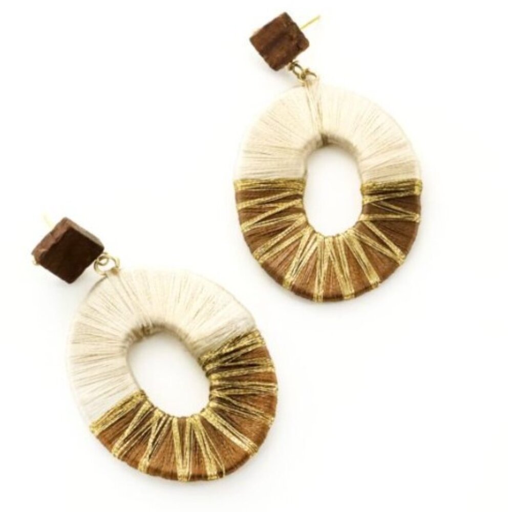 Panacea Metallic Raffia Wrapped Oval Colorblock Statement Earrings Gold Brown